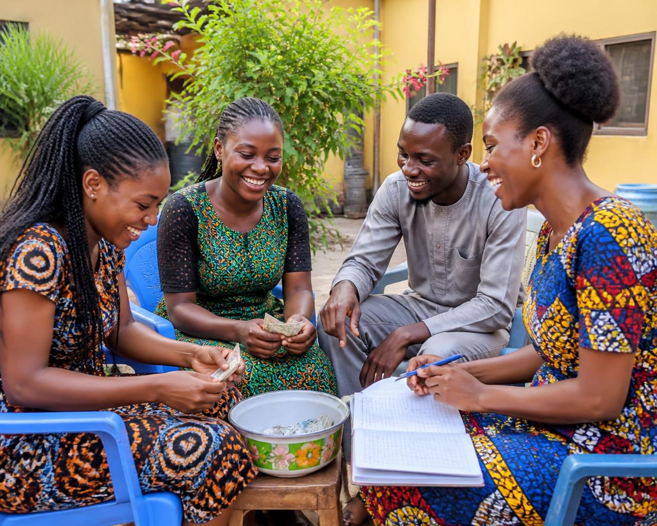 Four friends laughing together in a sunny compound as they count contributions for their savings circle