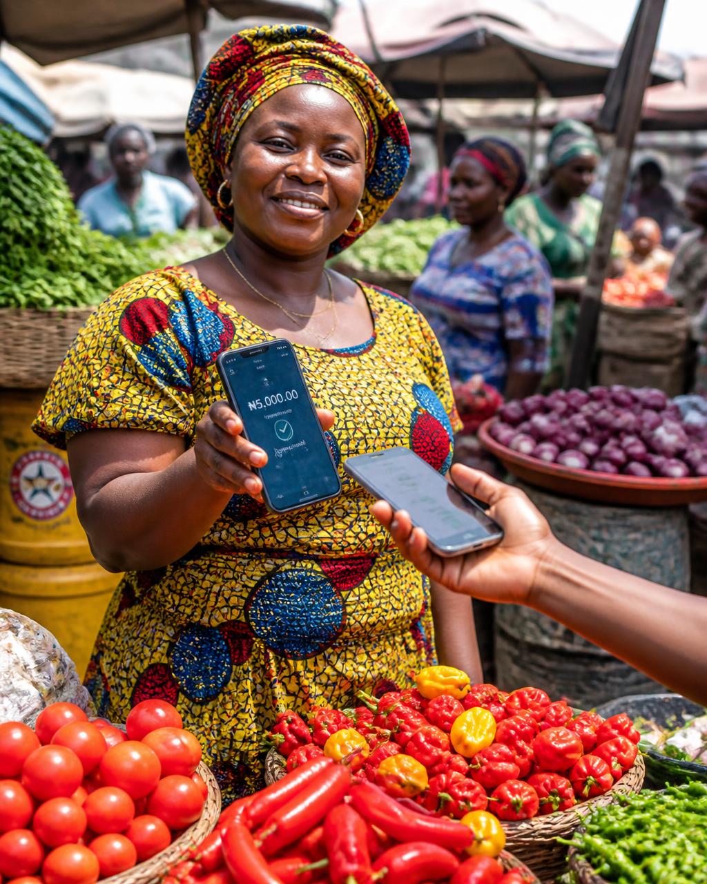 A Nigerian market trader smiling as she accepts a payment on her phone at her vegetable stall