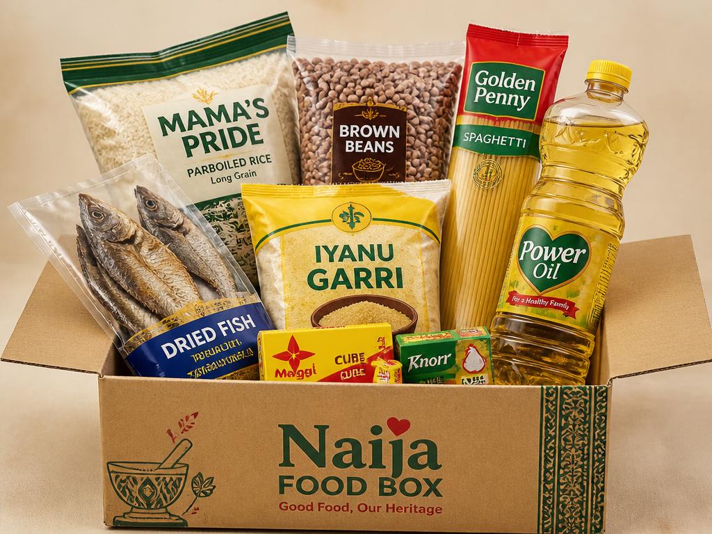 An open box of Nigerian food staples: rice, beans, garri, spaghetti, cooking oil, seasoning and dried fish