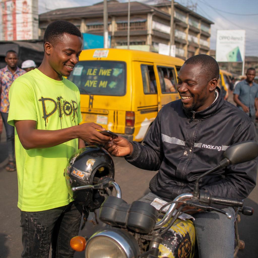 A young man paying an okada rider with his phone on a busy Lagos street